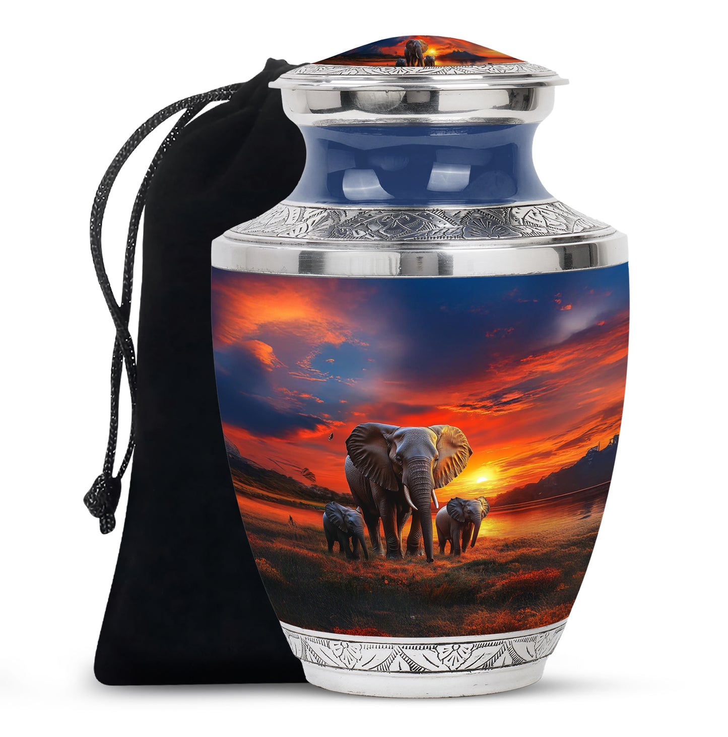 Twilight Blue Elephant Cremation Urn side profile showing urn shape - artistic elephant interpretation with creative detail - full-size 10 inch 200 cubic inch adult cremation urn