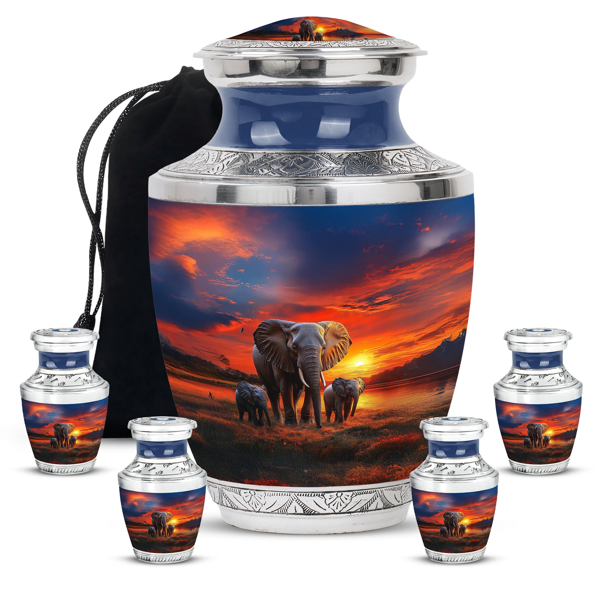 Soft Blue Elephant Cremation Urn lifestyle display on memorial shelf - stylized abstract elephant pattern with bold lines - memorial set with one large and four small urns