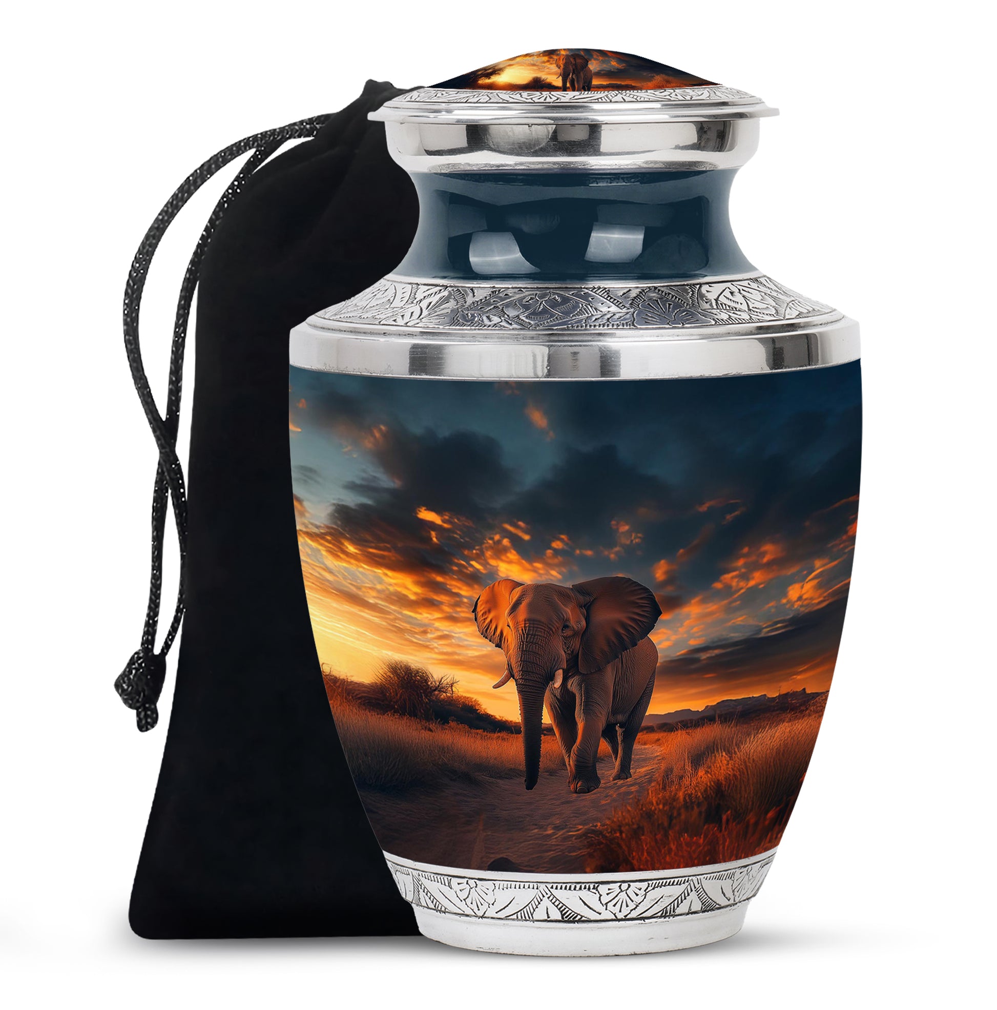 Deep Black Elephant Cremation Urn side profile showing urn shape - modern art-inspired elephant motif on sleek aluminum - full-size 10 inch 200 cubic inch adult cremation urn