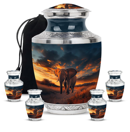 Charcoal Black Elephant Cremation Urn lifestyle display on memorial shelf - stylized abstract elephant pattern with bold lines - memorial set with one large and four small urns