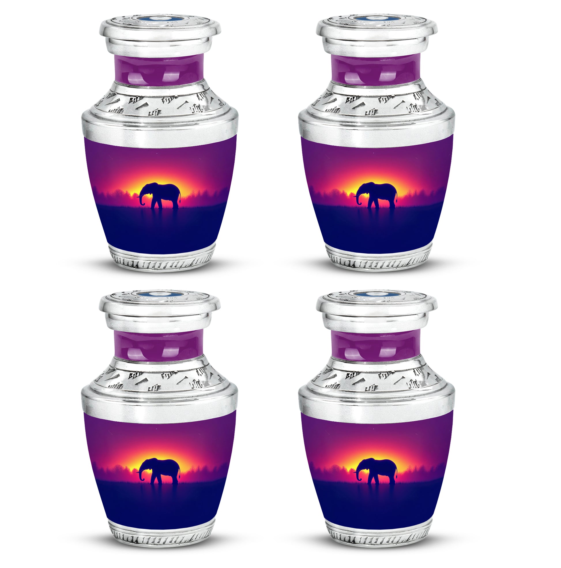 Petal Pink Elephant Cremation Urn back view with polished surface - stylized abstract elephant pattern with bold lines - 10 inch aluminum urn for cremated remains