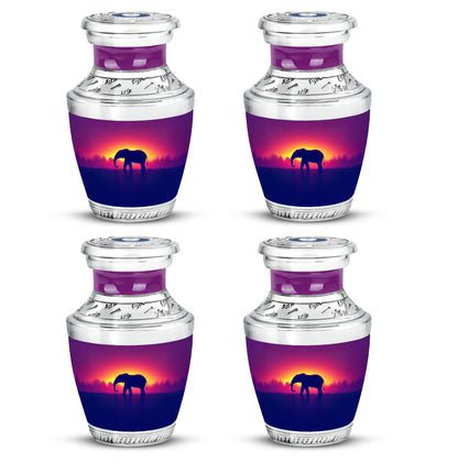 Petal Pink Elephant Cremation Urn back view with polished surface - stylized abstract elephant pattern with bold lines - 10 inch aluminum urn for cremated remains