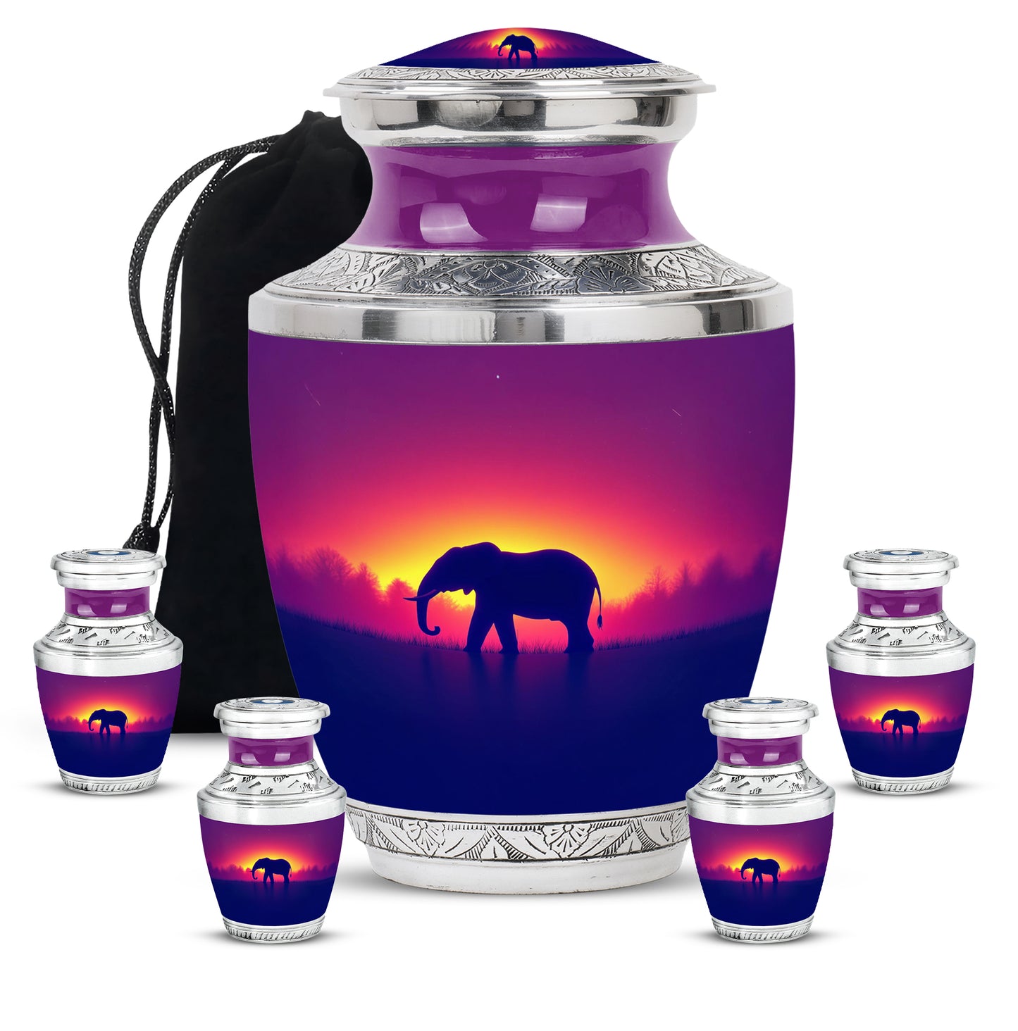 Pastel Pink Elephant Cremation Urn lifestyle display on memorial shelf - contemporary elephant design with modern artistic flair - memorial set with one large and four small urns