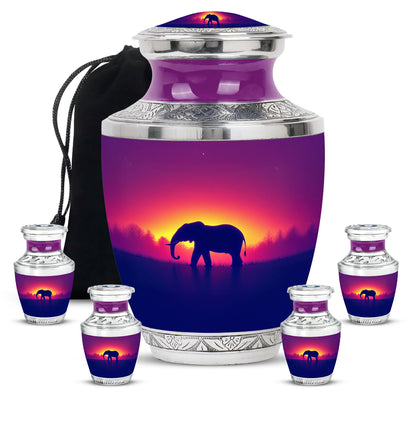 Pastel Pink Elephant Cremation Urn lifestyle display on memorial shelf - contemporary elephant design with modern artistic flair - memorial set with one large and four small urns
