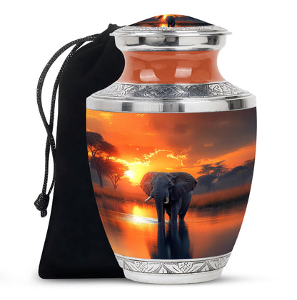 Antique Gold Elephant Cremation Urn side profile showing urn shape - modern art-inspired elephant motif on sleek aluminum - full-size 10 inch 200 cubic inch adult cremation urn