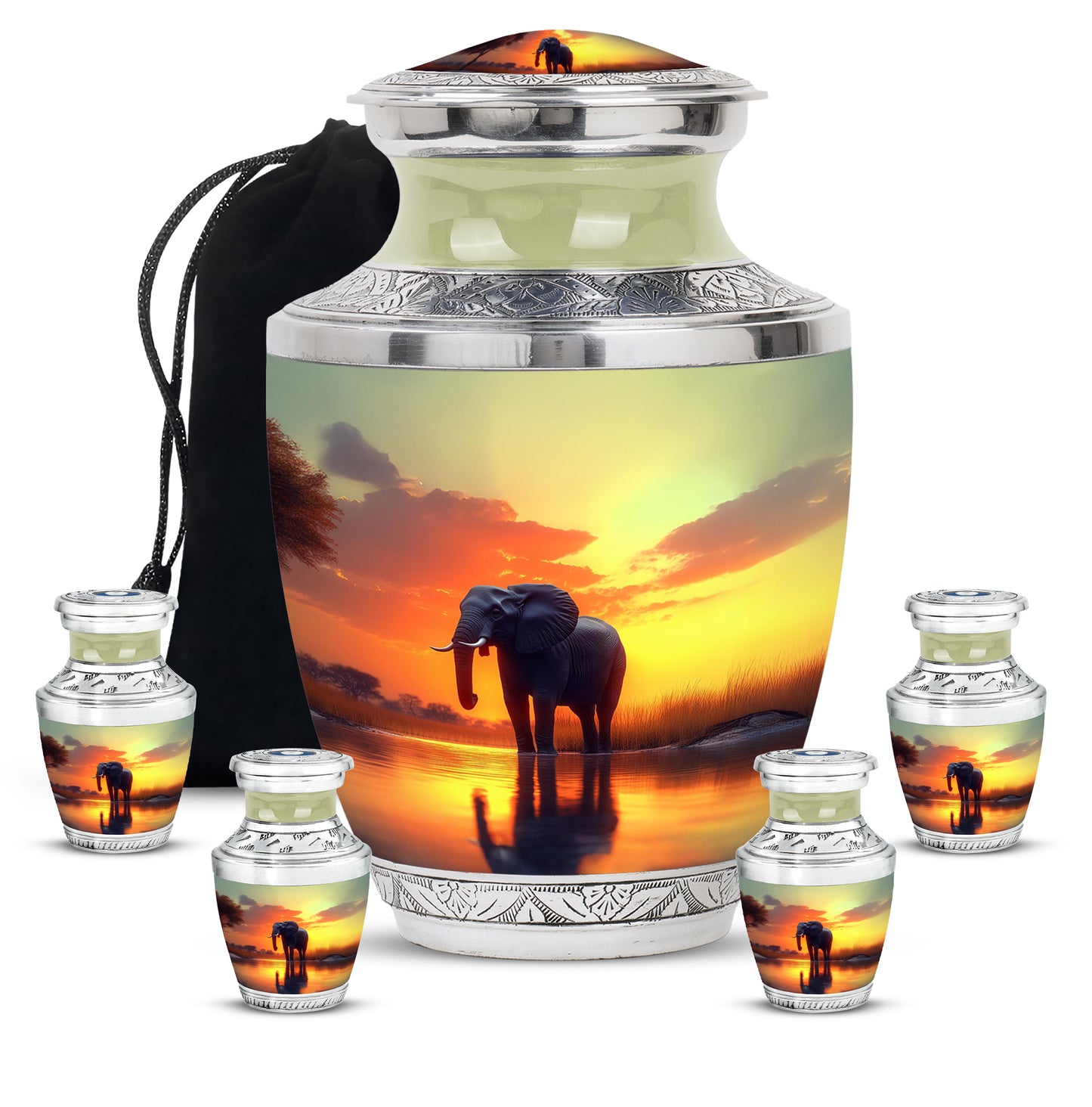 Antique Gold Elephant Cremation Urn lifestyle display on memorial shelf - contemporary elephant design with modern artistic flair - memorial set with one large and four small urns