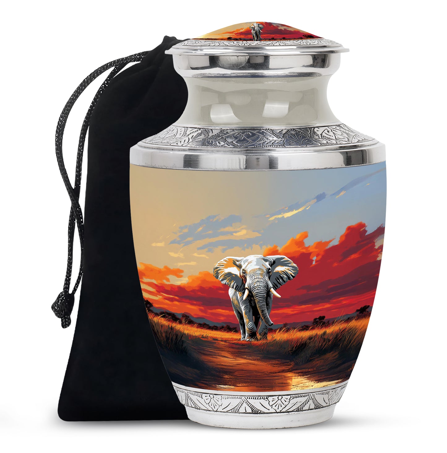 Ash Gray Elephant Cremation Urn side profile showing urn shape - artistic elephant interpretation with creative detail - full-size 10 inch 200 cubic inch adult cremation urn