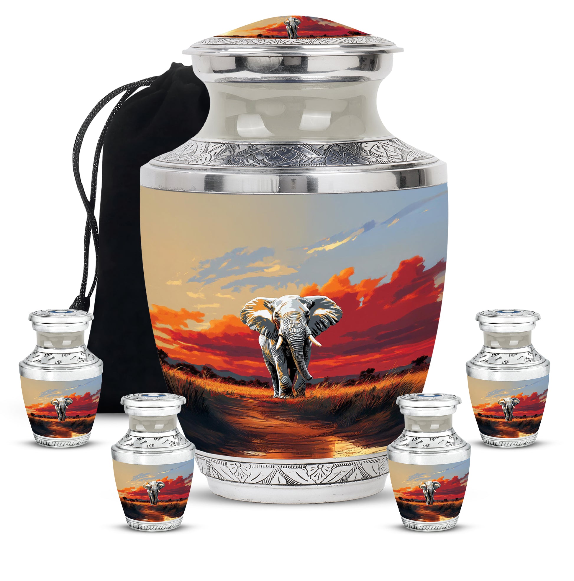 Silver Gray Elephant Cremation Urn lifestyle display on memorial shelf - modern art-inspired elephant motif on sleek aluminum - memorial set with one large and four small urns
