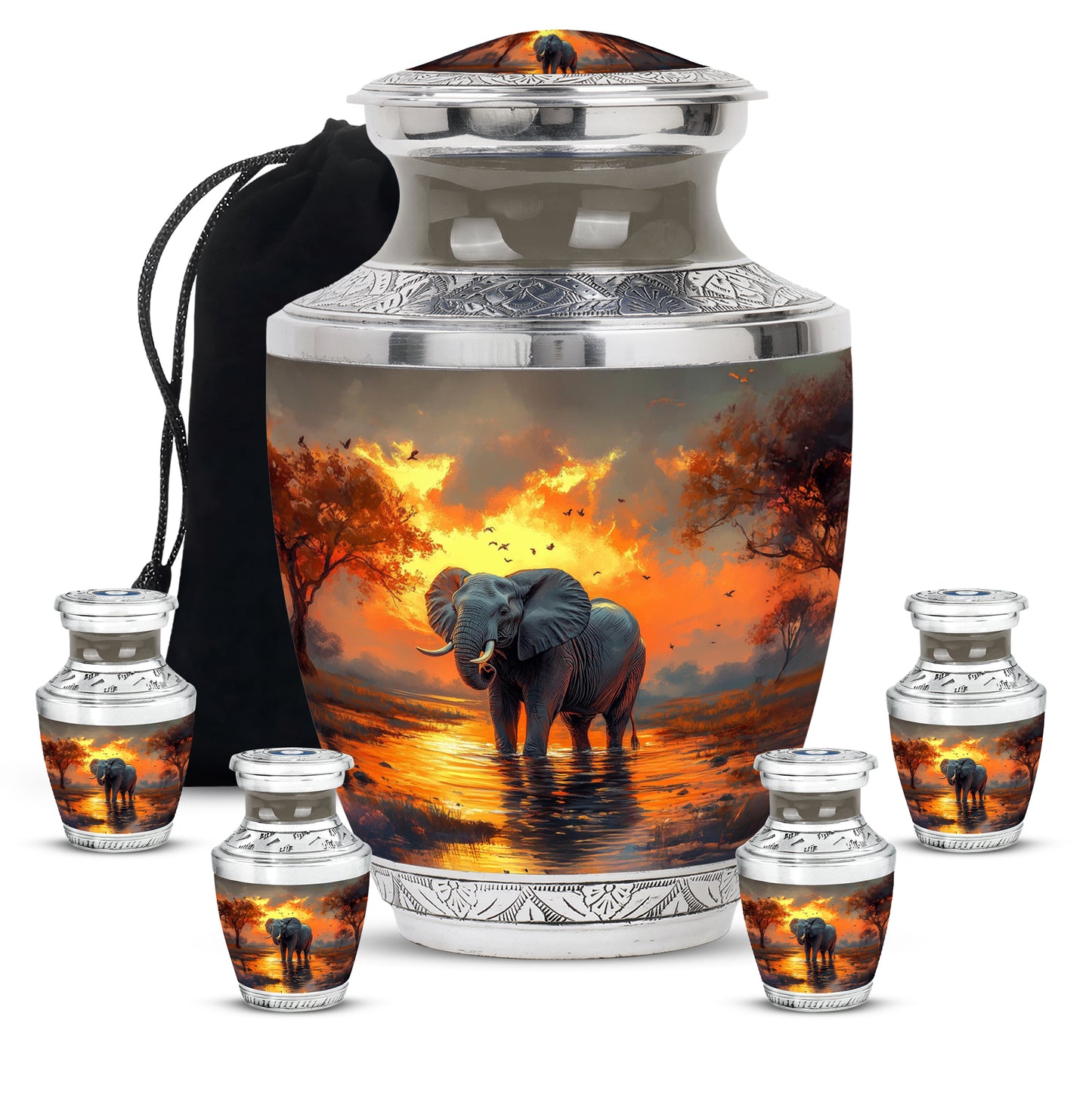Antique Gold Elephant Cremation Urn lifestyle display on memorial shelf - modern art-inspired elephant motif on sleek aluminum - memorial set with one large and four small urns