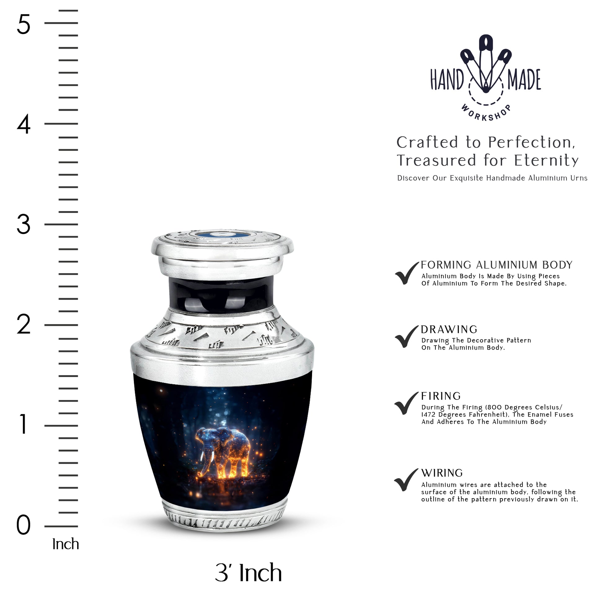 Twilight Blue Elephant Cremation Urn top-down view of secure threaded lid - artistic elephant interpretation with creative detail - mini keepsake memorial for portion of cremation ashes