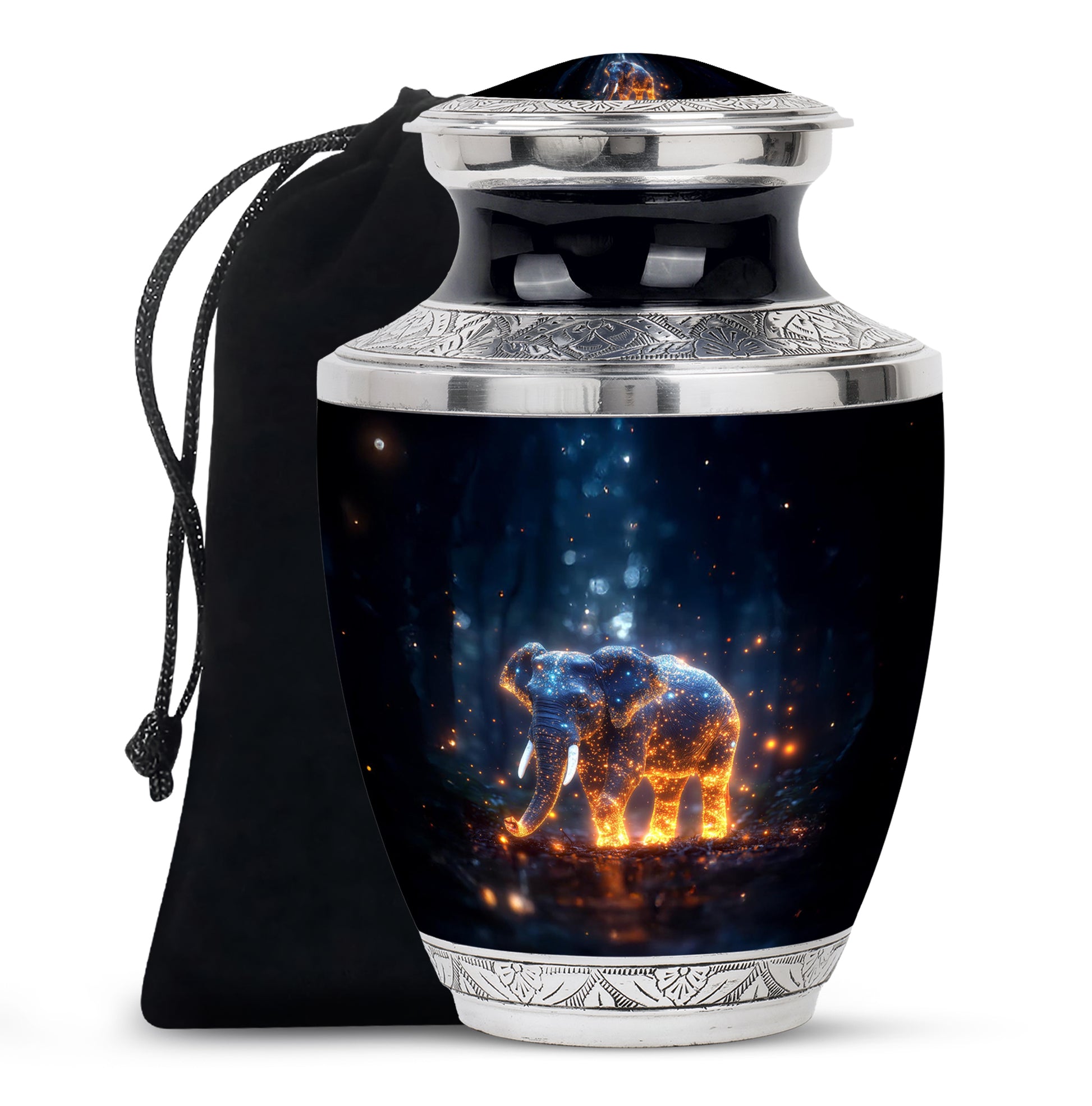Navy Blue Elephant Cremation Urn side profile showing urn shape - contemporary elephant design with modern artistic flair - full-size 10 inch 200 cubic inch adult cremation urn