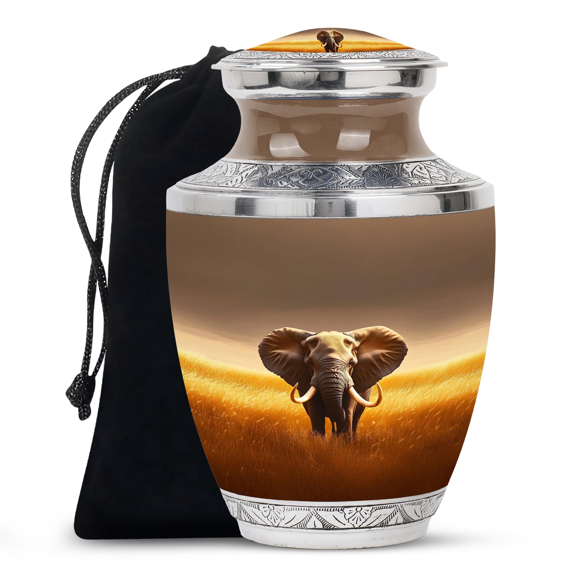 Amber Gold Elephant Cremation Urn side profile showing urn shape - contemporary elephant design with modern artistic flair - full-size 10 inch 200 cubic inch adult cremation urn