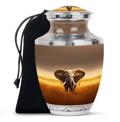 Amber Gold Elephant Cremation Urn side profile showing urn shape - contemporary elephant design with modern artistic flair - full-size 10 inch 200 cubic inch adult cremation urn