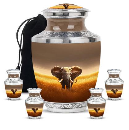 Burnished Gold Elephant Cremation Urn lifestyle display on memorial shelf - artistic elephant interpretation with creative detail - memorial set with one large and four small urns
