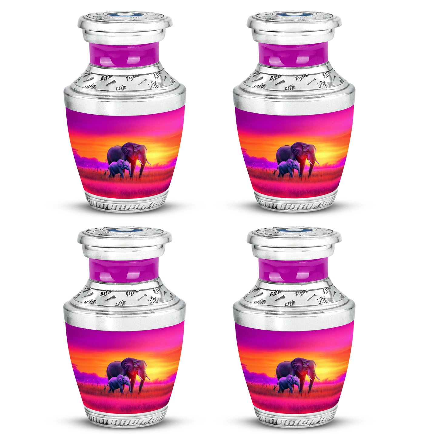 Soft Pink Elephant Cremation Urn back view with polished surface - stylized abstract elephant pattern with bold lines - 10 inch aluminum urn for cremated remains