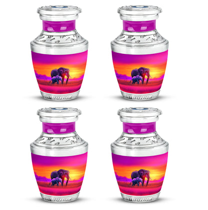 Soft Pink Elephant Cremation Urn back view with polished surface - stylized abstract elephant pattern with bold lines - 10 inch aluminum urn for cremated remains
