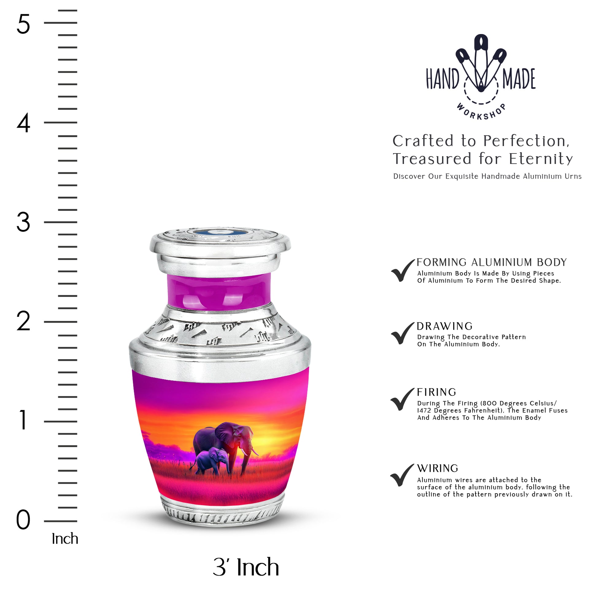 Dusty Pink Elephant Cremation Urn top-down view of secure threaded lid - stylized abstract elephant pattern with bold lines - mini keepsake memorial for portion of cremation ashes