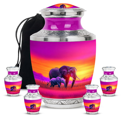 Soft Pink Elephant Cremation Urn lifestyle display on memorial shelf - artistic elephant interpretation with creative detail - memorial set with one large and four small urns