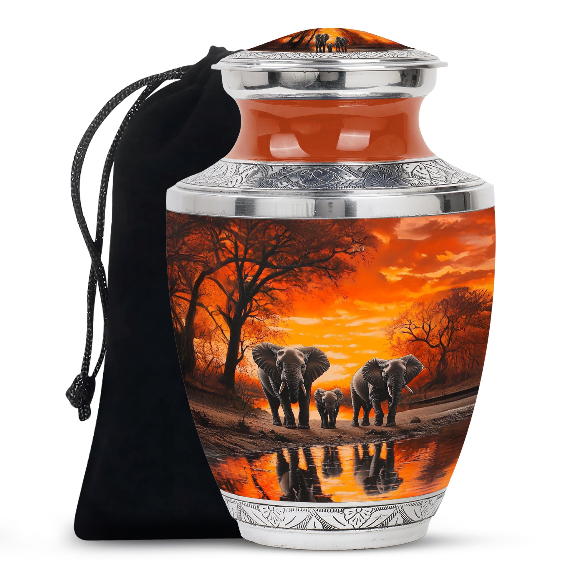 Burnished Gold Elephant Cremation Urn side profile showing urn shape - stylized abstract elephant pattern with bold lines - full-size 10 inch 200 cubic inch adult cremation urn