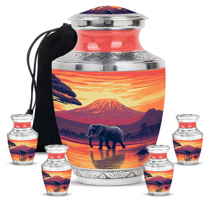 Royal Gold Elephant Cremation Urn lifestyle display on memorial shelf - stylized abstract elephant pattern with bold lines - memorial set with one large and four small urns