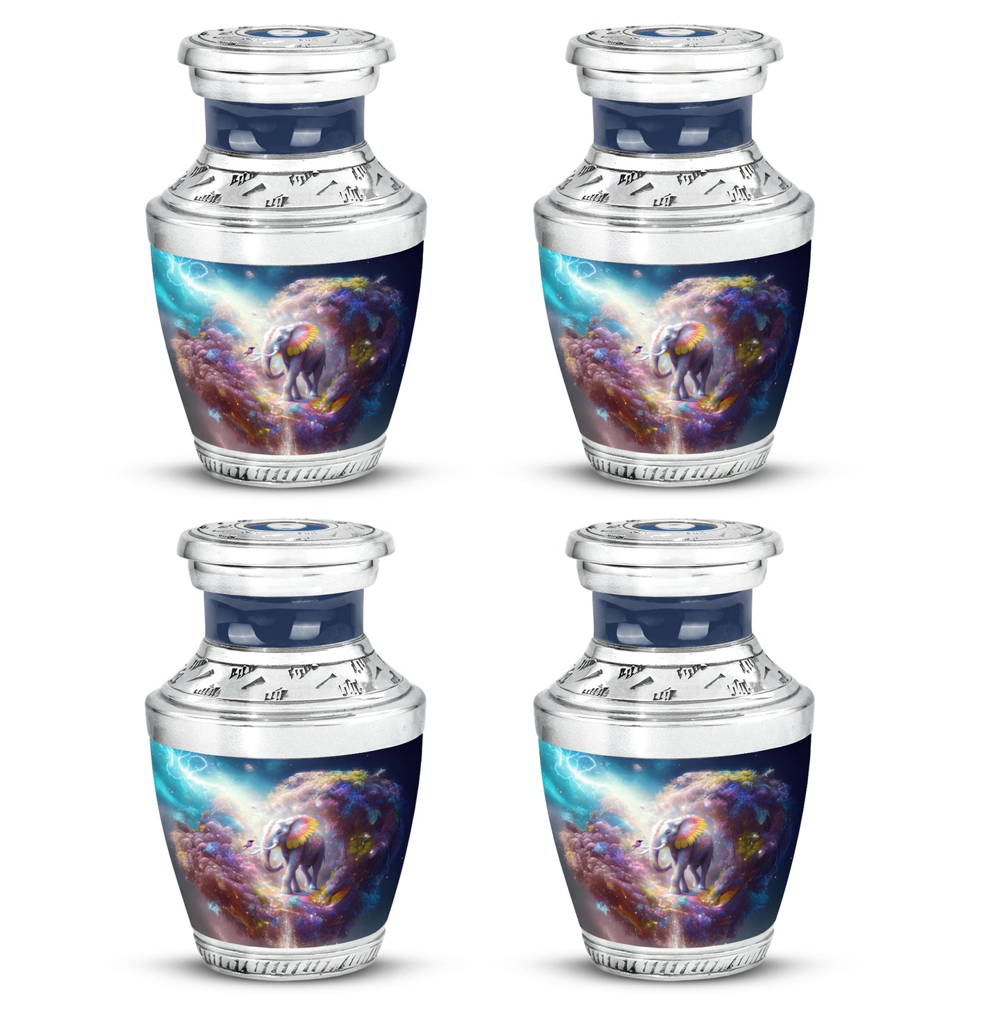 Calming Blue Elephant Cremation Urn back view with polished surface - artistic elephant interpretation with creative detail - 10 inch aluminum urn for cremated remains