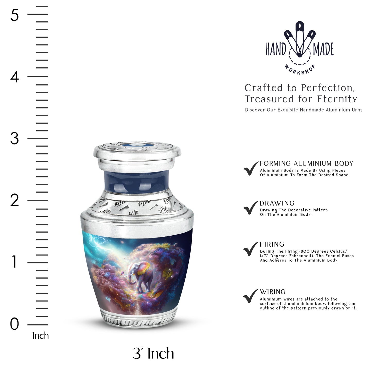 Royal Blue Elephant Cremation Urn top-down view of secure threaded lid - stylized abstract elephant pattern with bold lines - mini keepsake memorial for portion of cremation ashes