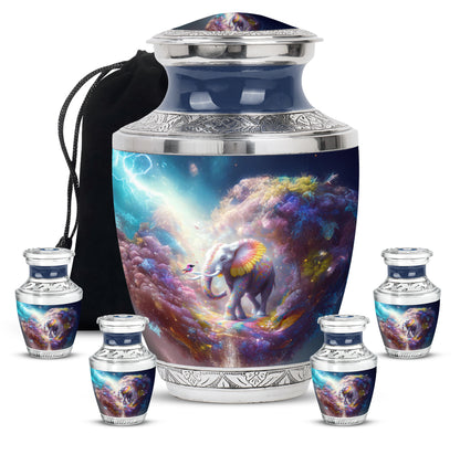 Azure Elephant Cremation Urn lifestyle display on memorial shelf - contemporary elephant design with modern artistic flair - memorial set with one large and four small urns