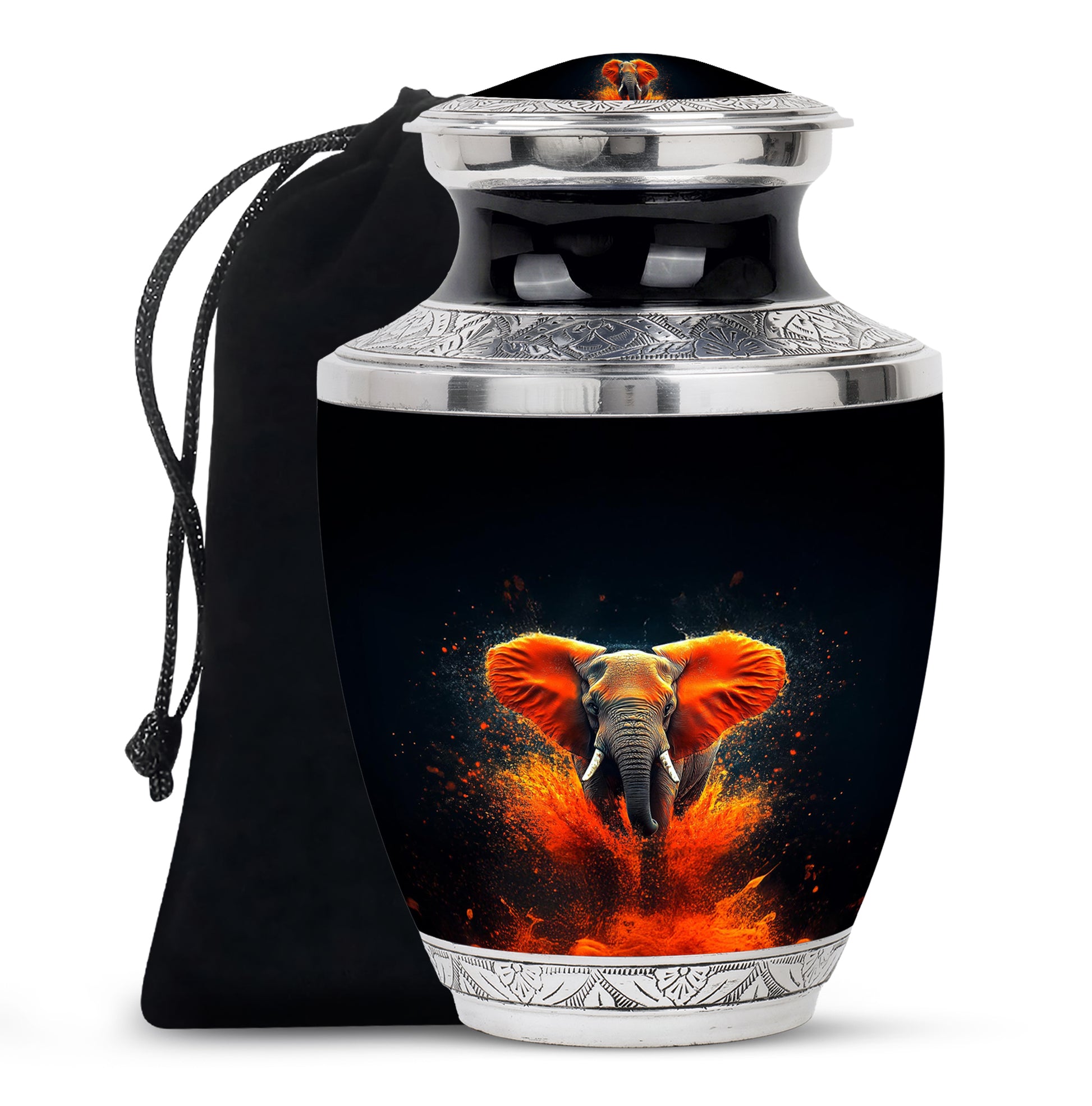 Glossy Black Elephant Cremation Urn side profile showing urn shape - modern art-inspired elephant motif on sleek aluminum - full-size 10 inch 200 cubic inch adult cremation urn