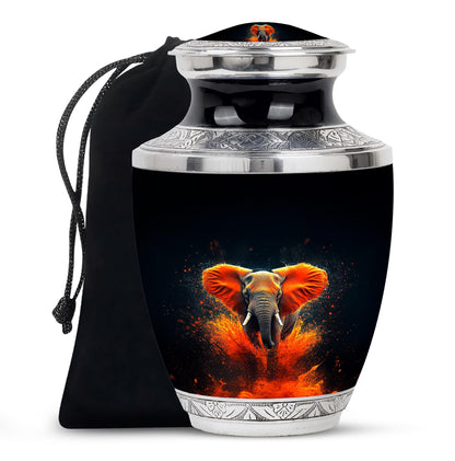 Glossy Black Elephant Cremation Urn side profile showing urn shape - modern art-inspired elephant motif on sleek aluminum - full-size 10 inch 200 cubic inch adult cremation urn