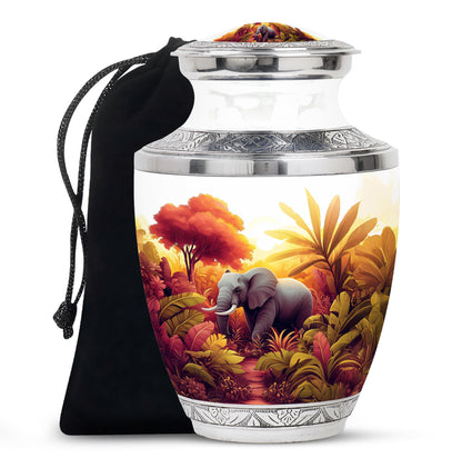 Platinum Silver Elephant Cremation Urn side profile showing urn shape - modern art-inspired elephant motif on sleek aluminum - full-size 10 inch 200 cubic inch adult cremation urn