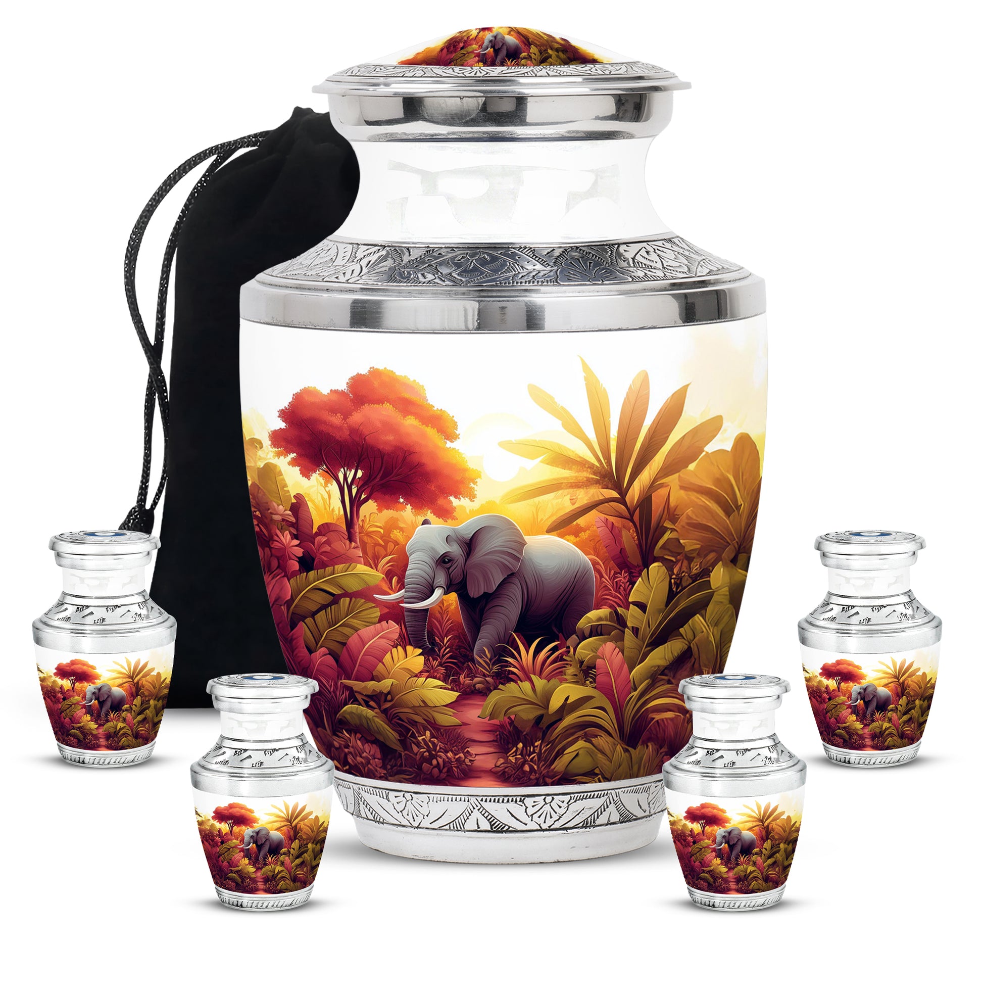 Gleaming Silver Elephant Cremation Urn lifestyle display on memorial shelf - modern art-inspired elephant motif on sleek aluminum - memorial set with one large and four small urns