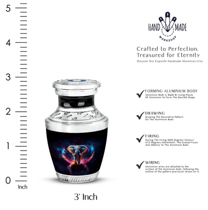 Deep Black Elephant Cremation Urn top-down view of secure threaded lid - modern art-inspired elephant motif on sleek aluminum - mini keepsake memorial for portion of cremation ashes