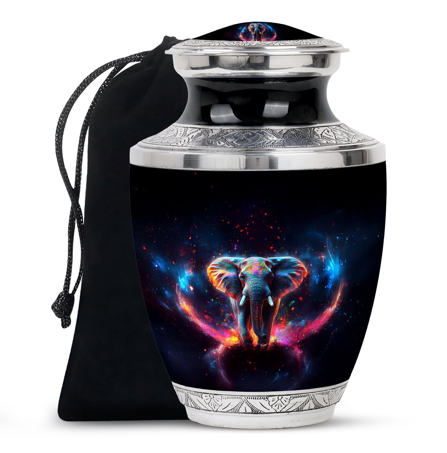 Ebony Elephant Cremation Urn side profile showing urn shape - contemporary elephant design with modern artistic flair - full-size 10 inch 200 cubic inch adult cremation urn