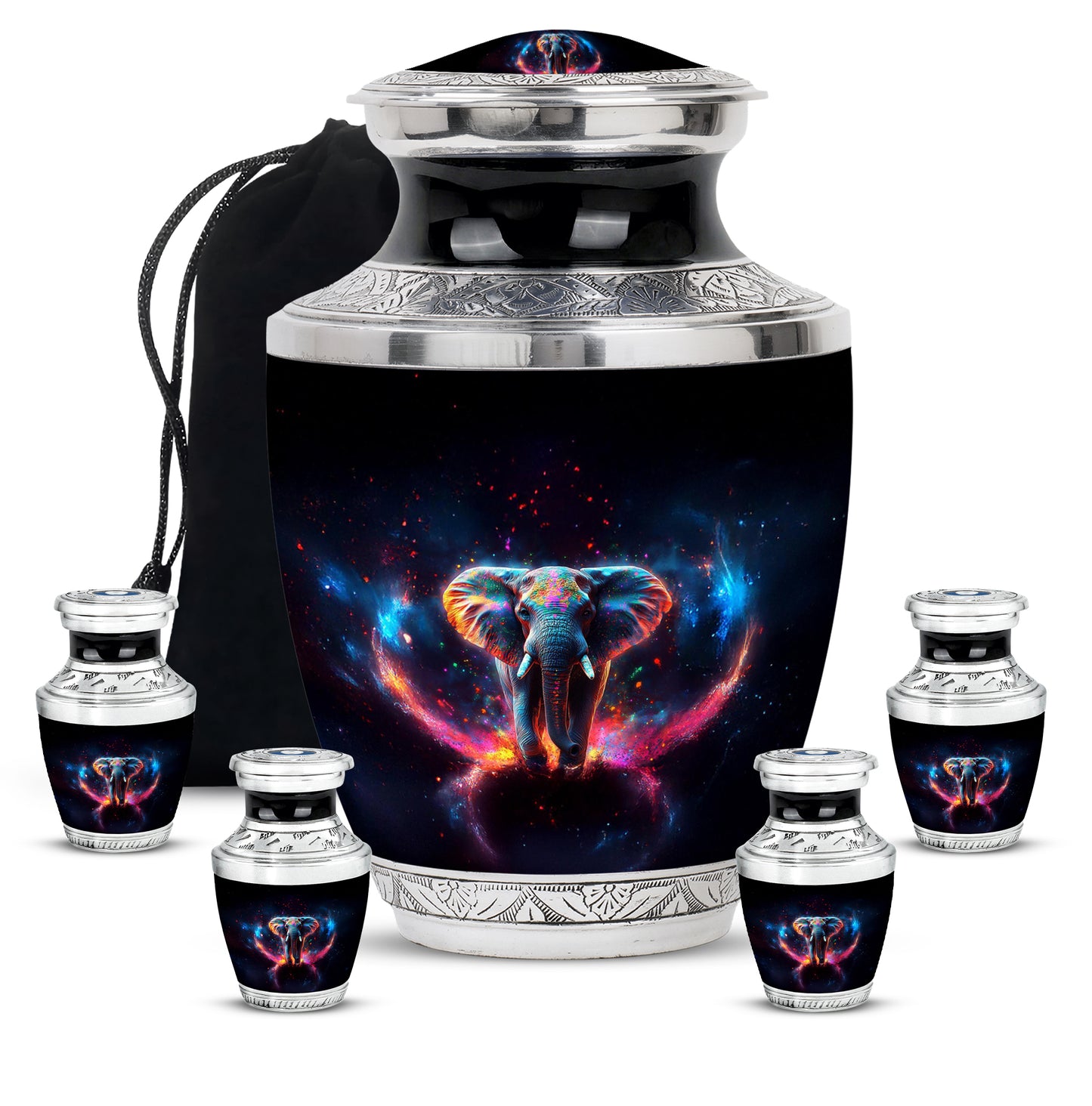 Charcoal Black Elephant Cremation Urn lifestyle display on memorial shelf - artistic elephant interpretation with creative detail - memorial set with one large and four small urns