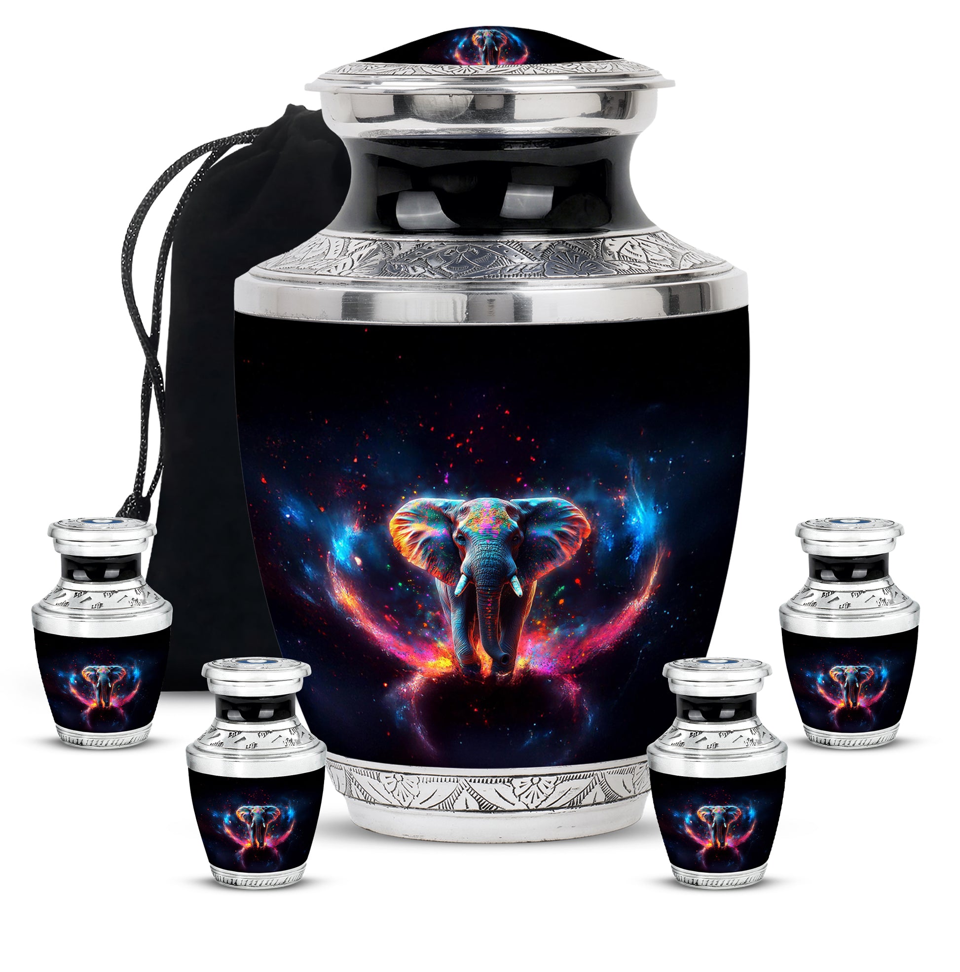 Charcoal Black Elephant Cremation Urn lifestyle display on memorial shelf - artistic elephant interpretation with creative detail - memorial set with one large and four small urns