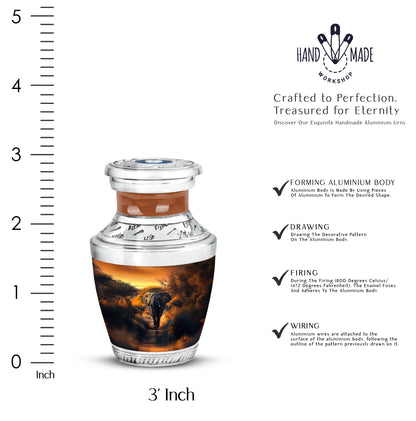 Matte Gold Elephant Cremation Urn top-down view of secure threaded lid - artistic elephant interpretation with creative detail - mini keepsake memorial for portion of cremation ashes