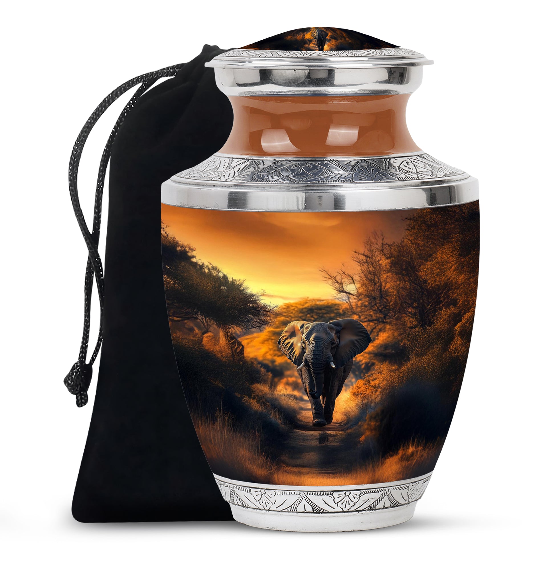 Burnished Gold Elephant Cremation Urn side profile showing urn shape - artistic elephant interpretation with creative detail - full-size 10 inch 200 cubic inch adult cremation urn