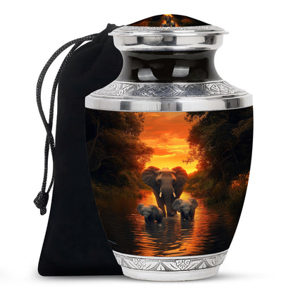 Champagne Gold Elephant Cremation Urn side profile showing urn shape - contemporary elephant design with modern artistic flair - full-size 10 inch 200 cubic inch adult cremation urn