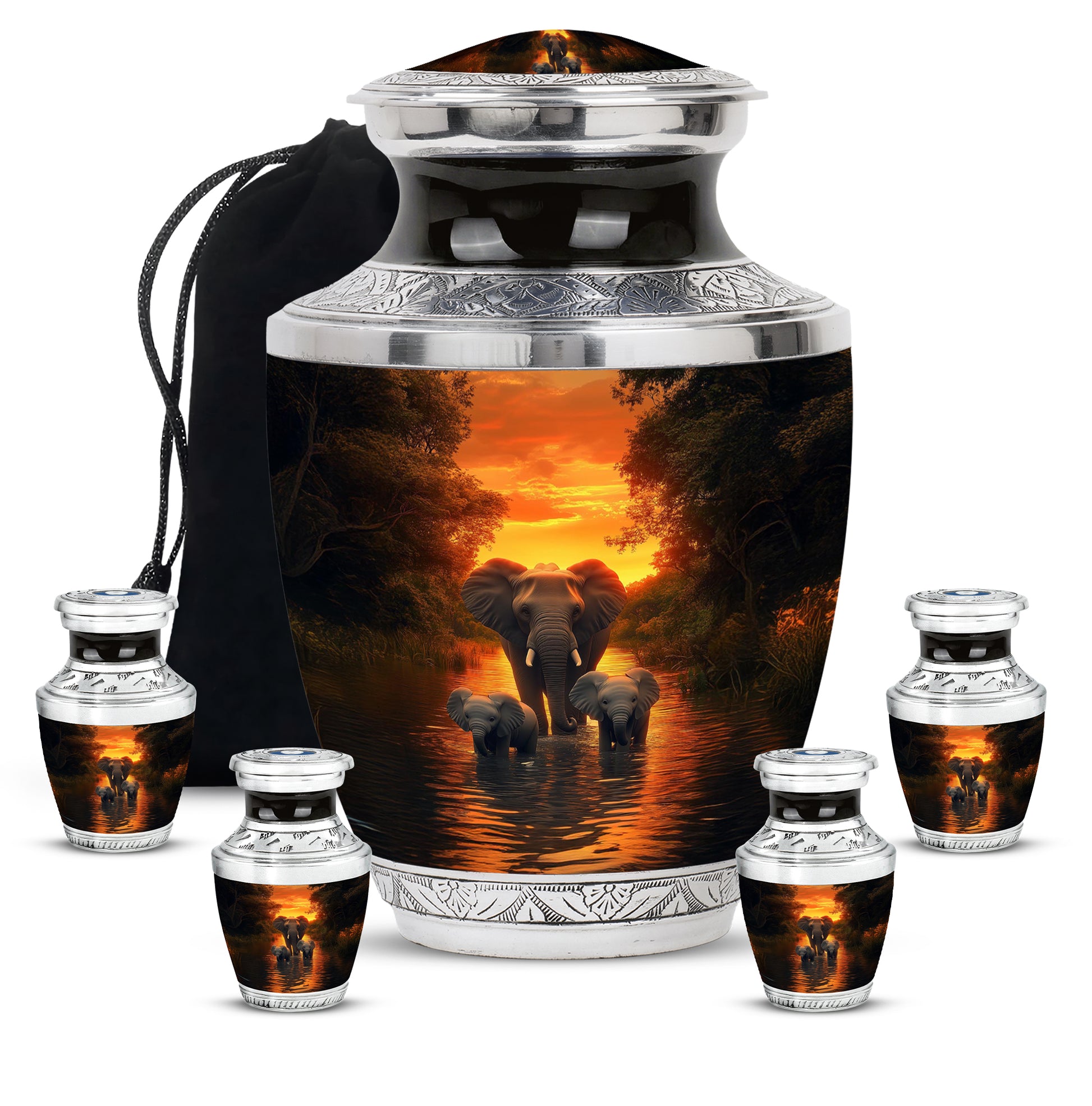 Matte Gold Elephant Cremation Urn lifestyle display on memorial shelf - artistic elephant interpretation with creative detail - memorial set with one large and four small urns