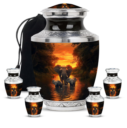 Matte Gold Elephant Cremation Urn lifestyle display on memorial shelf - artistic elephant interpretation with creative detail - memorial set with one large and four small urns