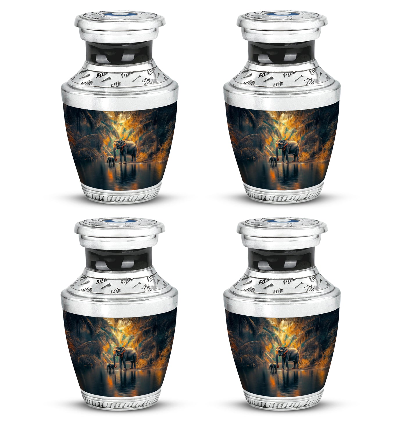 Jewel Teal Elephant Cremation Urn back view with polished surface - modern art-inspired elephant motif on sleek aluminum - 10 inch aluminum urn for cremated remains