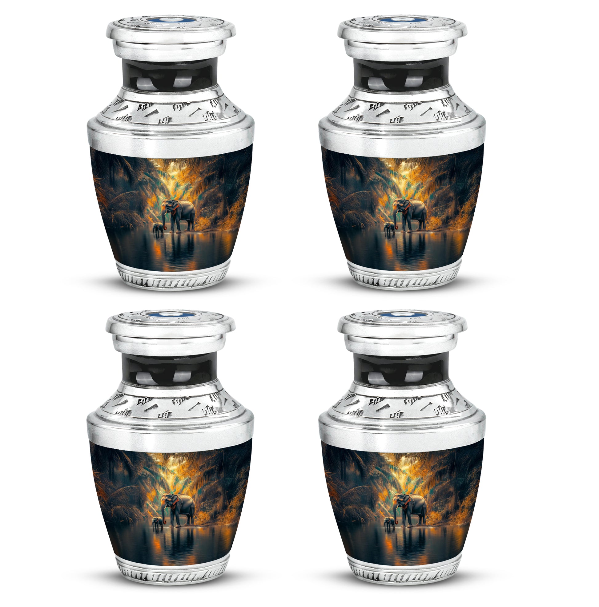 Jewel Teal Elephant Cremation Urn back view with polished surface - modern art-inspired elephant motif on sleek aluminum - 10 inch aluminum urn for cremated remains