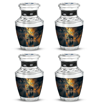 Jewel Teal Elephant Cremation Urn back view with polished surface - modern art-inspired elephant motif on sleek aluminum - 10 inch aluminum urn for cremated remains