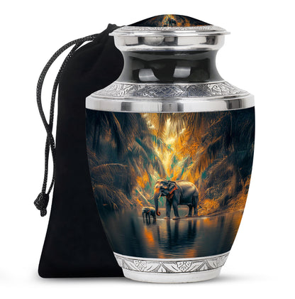 Soft Teal Elephant Cremation Urn side profile showing urn shape - contemporary elephant design with modern artistic flair - full-size 10 inch 200 cubic inch adult cremation urn