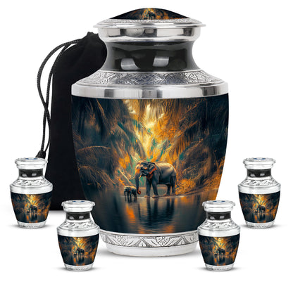 Cool Teal Elephant Cremation Urn lifestyle display on memorial shelf - contemporary elephant design with modern artistic flair - memorial set with one large and four small urns