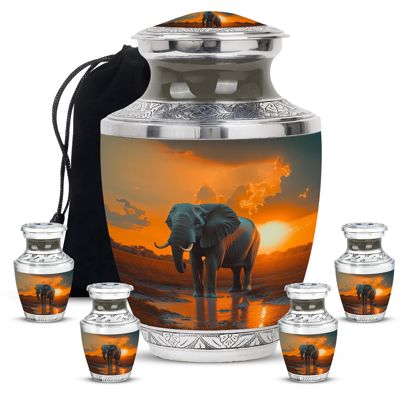 Sunrise Gold Elephant Cremation Urn lifestyle display on memorial shelf - modern art-inspired elephant motif on sleek aluminum - memorial set with one large and four small urns