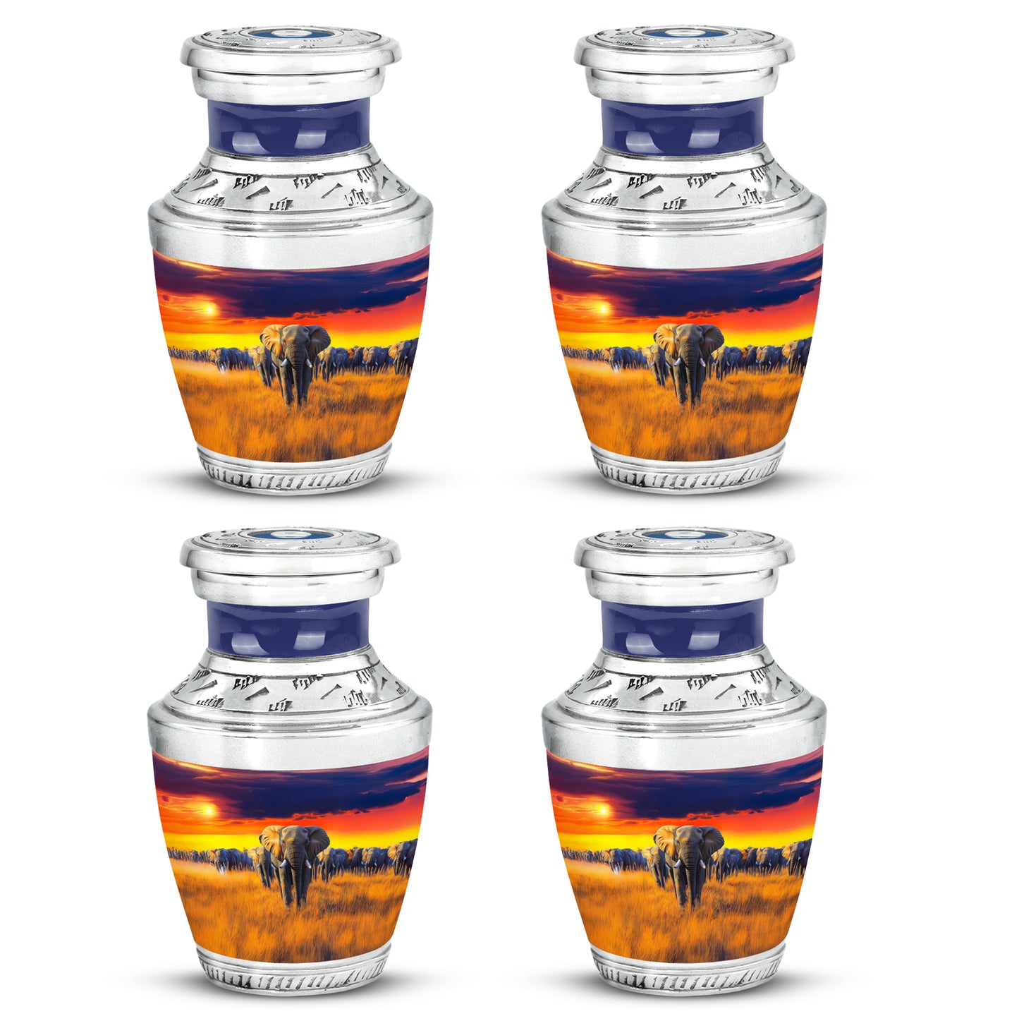 Royal Blue Elephant Cremation Urn back view with polished surface - stylized abstract elephant pattern with bold lines - 10 inch aluminum urn for cremated remains