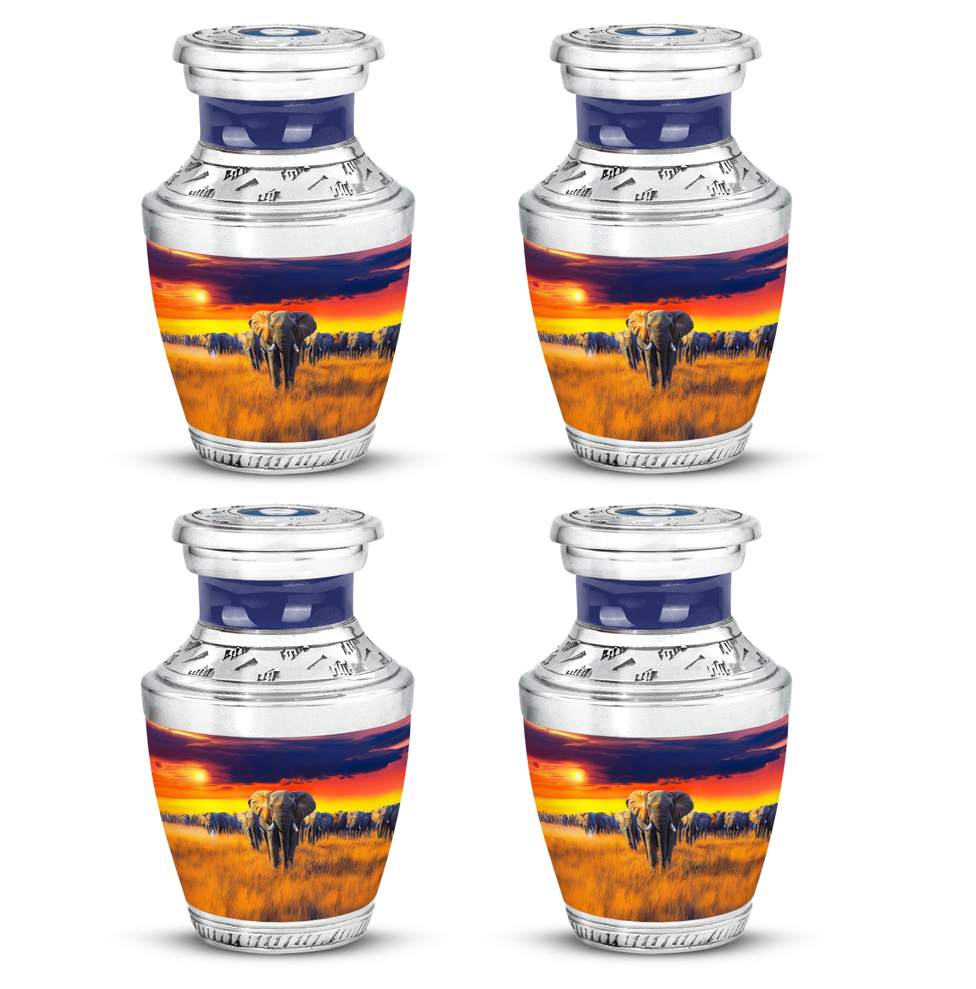 Royal Blue Elephant Cremation Urn back view with polished surface - stylized abstract elephant pattern with bold lines - 10 inch aluminum urn for cremated remains