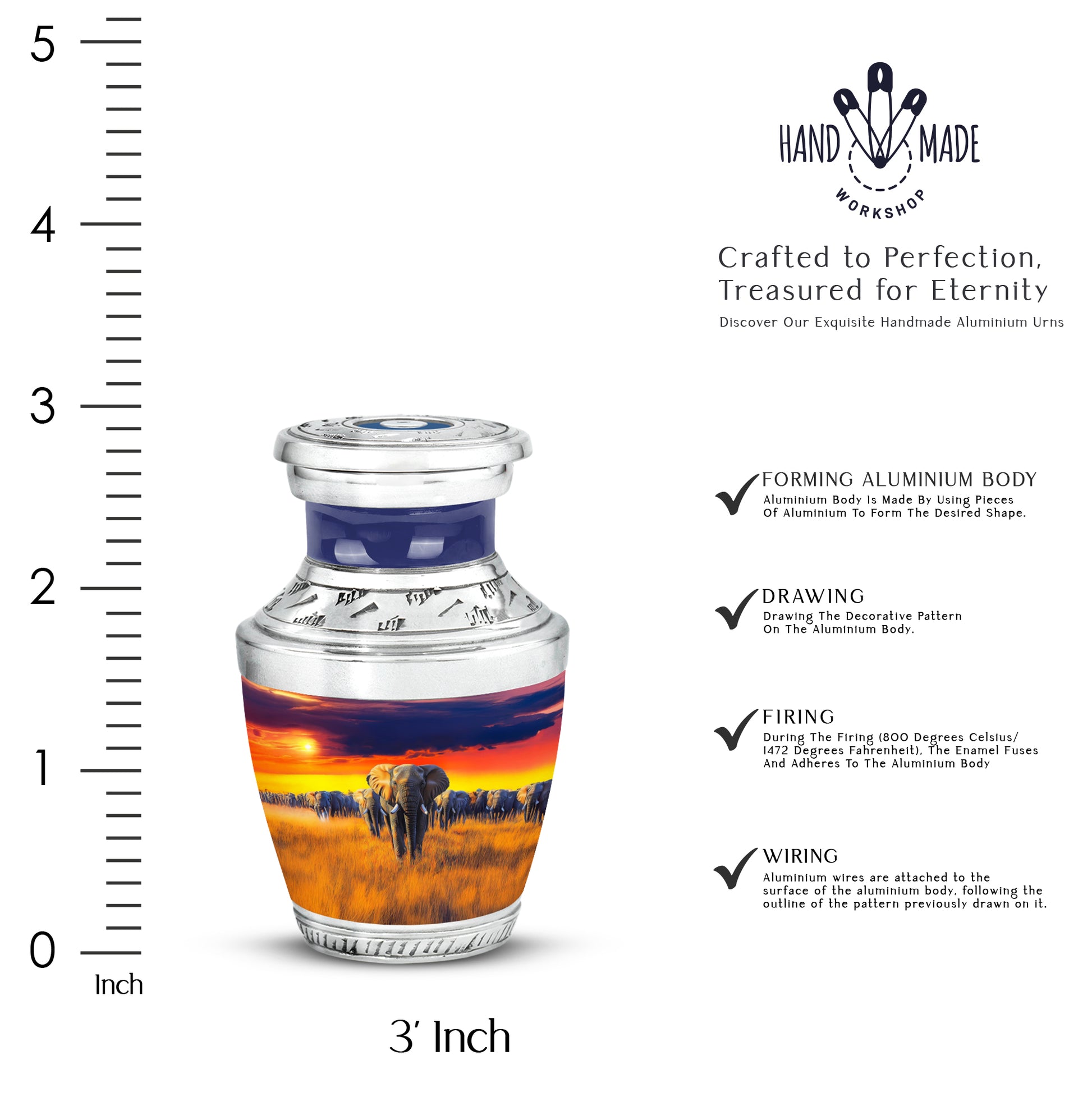 Vivid Blue Elephant Cremation Urn top-down view of secure threaded lid - stylized abstract elephant pattern with bold lines - mini keepsake memorial for portion of cremation ashes
