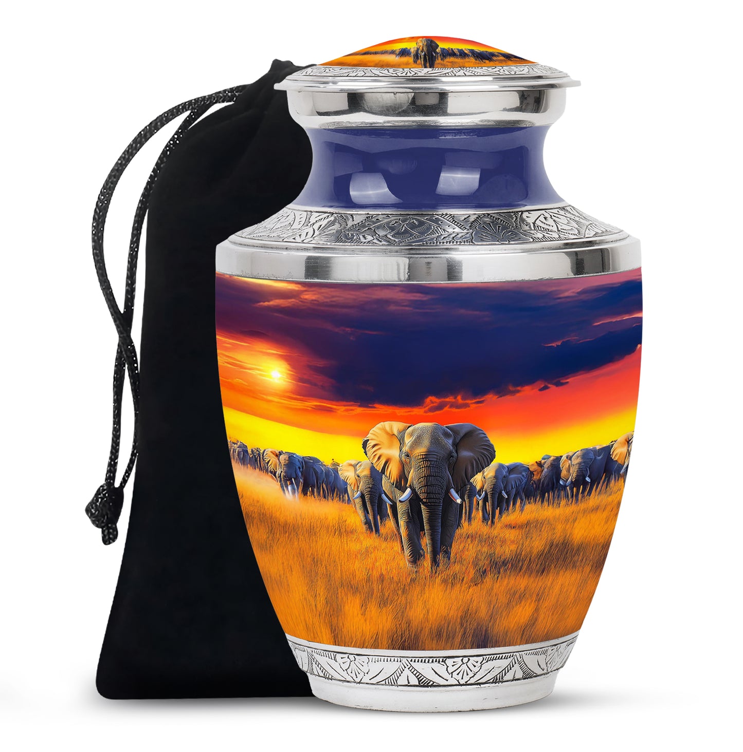 Cornflower Blue Elephant Cremation Urn side profile showing urn shape - stylized abstract elephant pattern with bold lines - full-size 10 inch 200 cubic inch adult cremation urn